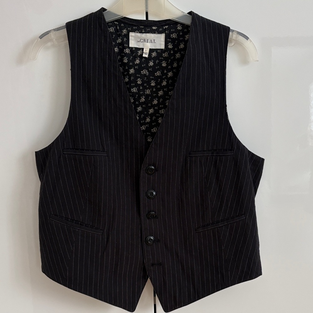 THE GREAT. Black Pinstripe Tailored Vest with Floral Lining